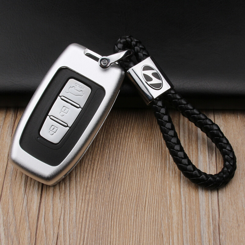 億麥 起亞金屬鑰匙包 現代鋁合金鑰匙保護殼 皮扣鑰匙套 殼+手編繩 銀白色 現代 12款ix35 IX35